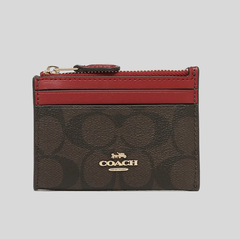 Coach Mini Skinny Id Case In Signature Canvas Brown 1941 Red 88208