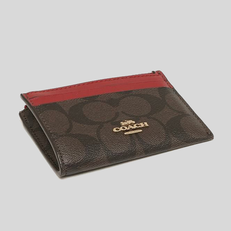 Coach Mini Skinny Id Case In Signature Canvas Brown 1941 Red 88208