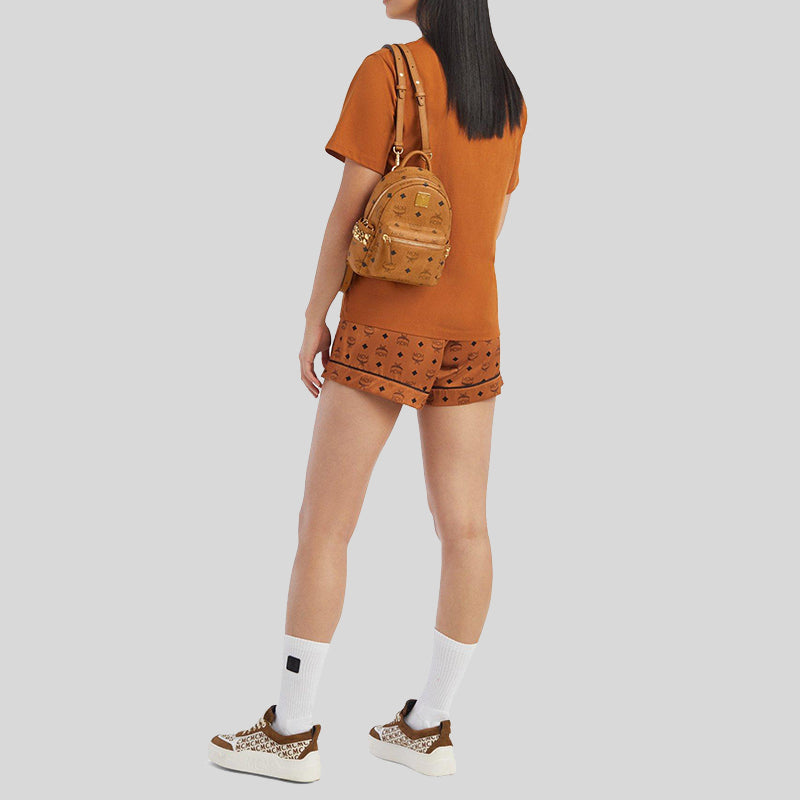 MCM Stark Side Studs Bebe Boo Backpack in Visetos Cognac MMKDSVE11CO001