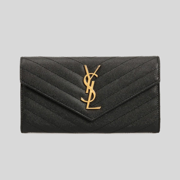 SAINT LAURENT YSL Cassandre Matelasse Large Flap Wallet In Grain De Poudre Embossed Leather Black 372264BOW01