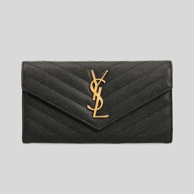SAINT LAURENT YSL Cassandre Matelasse Large Flap Wallet In Grain De Poudre Embossed Leather Black 372264BOW01