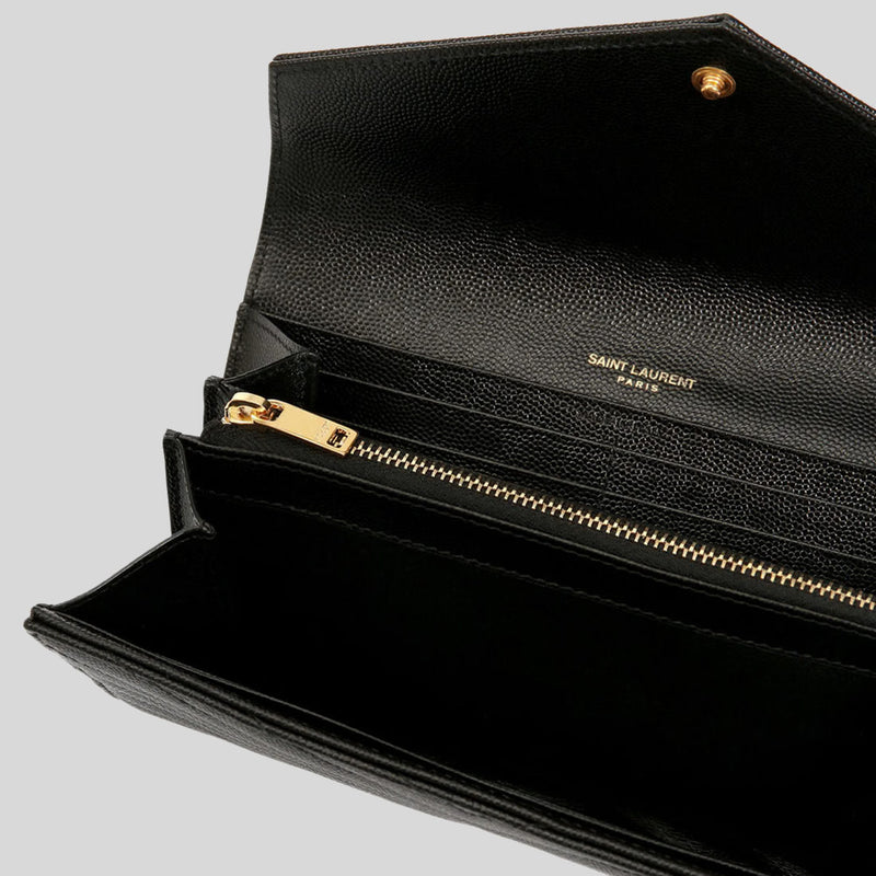 SAINT LAURENT YSL Cassandre Matelasse Large Flap Wallet In Grain De Poudre Embossed Leather Black 372264BOW01