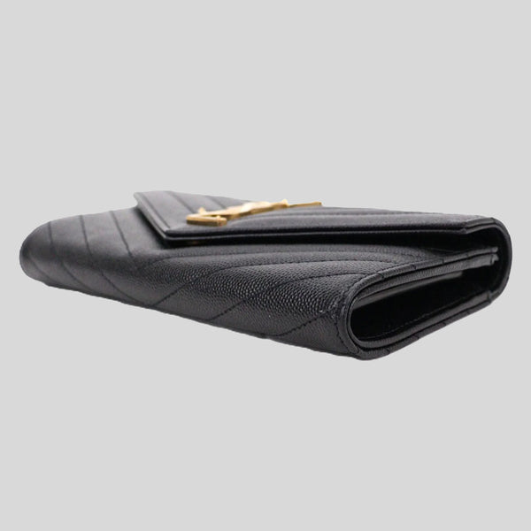 SAINT LAURENT YSL Cassandre Matelasse Large Flap Wallet In Grain De Poudre Embossed Leather Black 372264BOW01