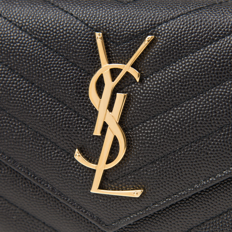 SAINT LAURENT YSL Cassandre Matelasse Large Flap Wallet In Grain De Poudre Embossed Leather Black 372264BOW01