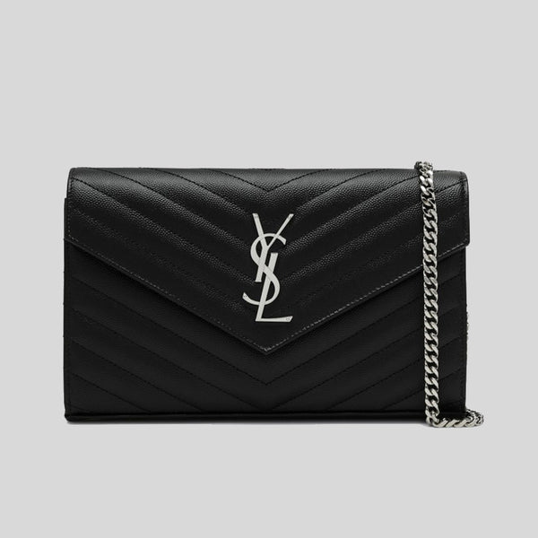 SAINT LAURENT YSL Matelasse Chain Wallet In Grain De Poudre Embossed Leather Black/Silver 377828BOW02