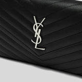 SAINT LAURENT YSL Matelasse Chain Wallet In Grain De Poudre Embossed Leather Black/Silver 377828BOW02