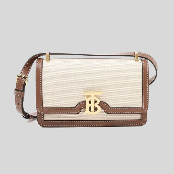 BURBERRY Two-Tone Mini TB Elongated Crossbody Bag Natural/Malt Brown 80705741 lussocitta lusso citta