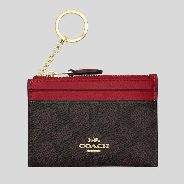 COACH Mini Skinny ID Case In Signature Canvas Walnut/True Red CW870