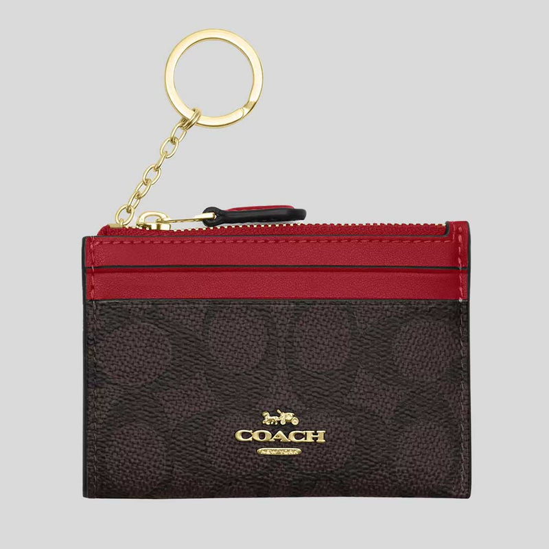 COACH Mini Skinny ID Case In Signature Canvas Walnut/True Red CW870