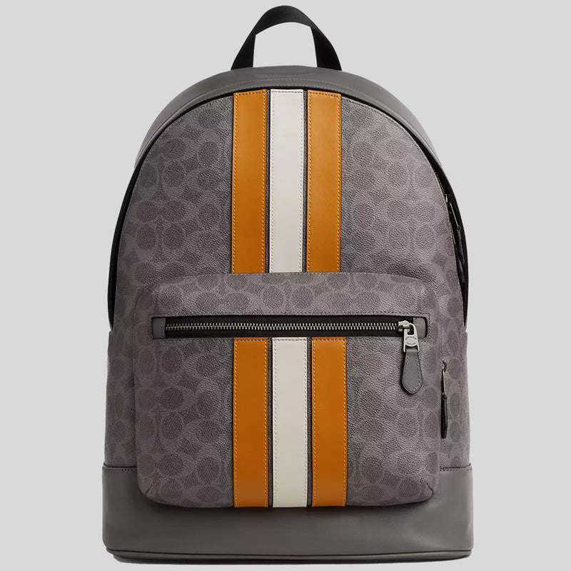 COACH West Backpack In Signature Canvas With Varsity Stripe Grey/Ochre/Chalk CV922