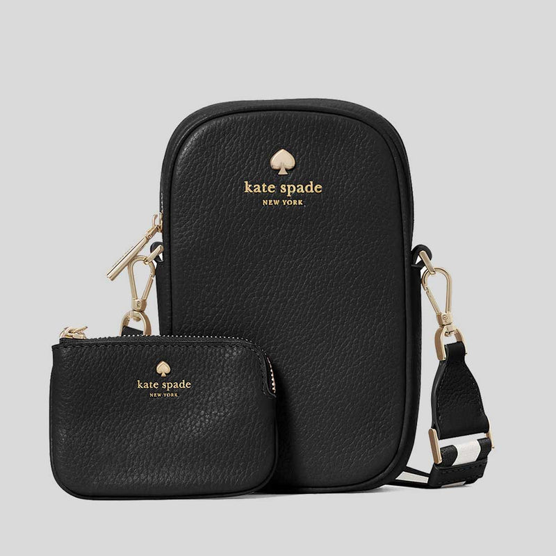KATE SPADE Emma Pebbled Leather North South Phone Crossbody Bag Black KK258