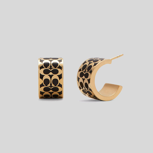 COACH Signature Enamel Wide Huggie Earrings Black/Gold C7770