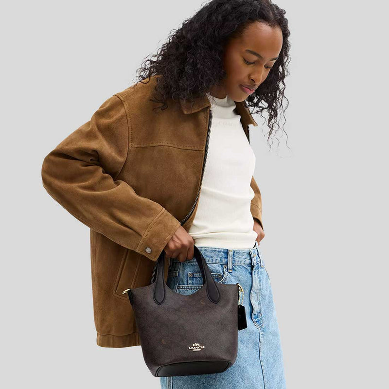 COACH Hanna Bucket Bag In Signature Canvas Walnut/Black CAF16