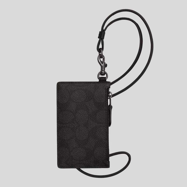COACH Zip Lanyard Card Case In Signature Canvas Charcoal/Black CAJ46