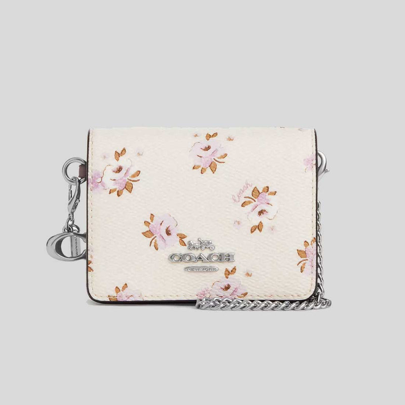 COACH Boxed Mini Wallet On A Chain With Floral Print Chalk Multi CAL70
