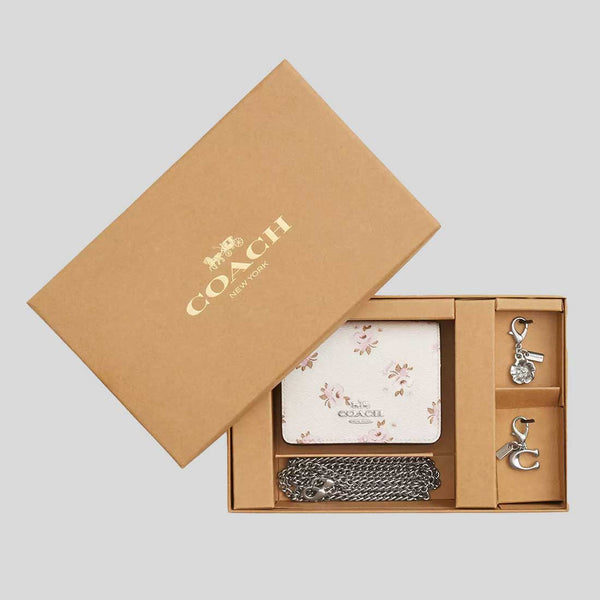 COACH Boxed Mini Wallet On A Chain With Floral Print Chalk Multi CAL70