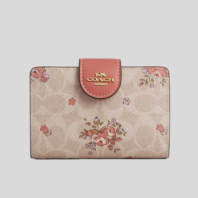COACH Medium Corner Zip Wallet In Signature Canvas With Floral Print Sand Multi CAO99