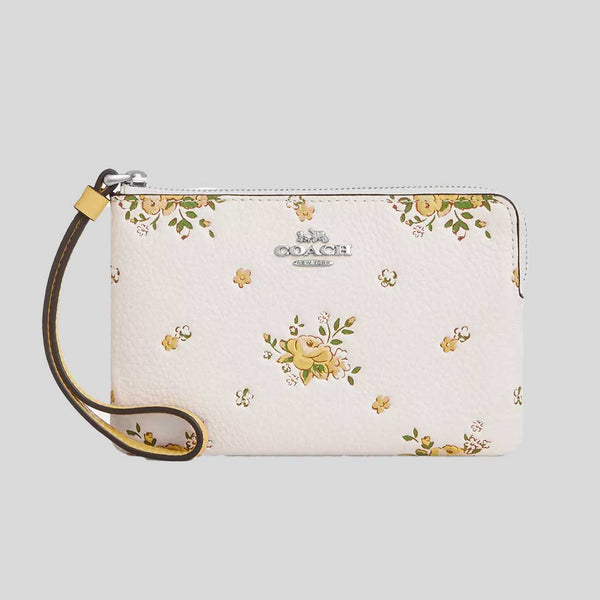 COACH Corner Zip Wristlet With Floral Print Chalk Multi CAQ58