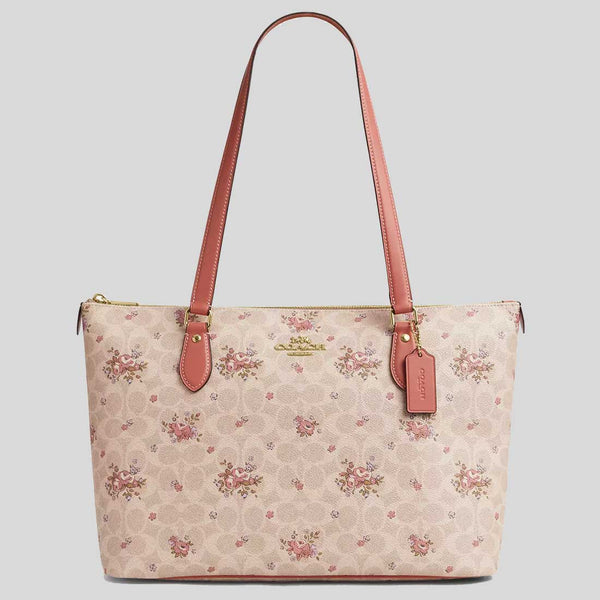 COACH Gallery Tote Bag In Signature Canvas With Floral Print Sand Multi CBF10