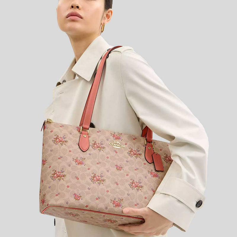 COACH Gallery Tote Bag In Signature Canvas With Floral Print Sand Multi CBF10