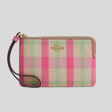 COACH Corner Zip Wristlet With Plaid Print Pink Multi CBP18