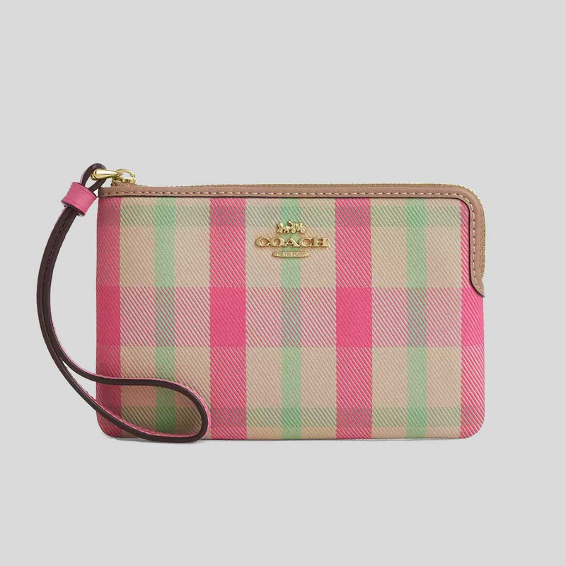 COACH Corner Zip Wristlet With Plaid Print Pink Multi CBP18