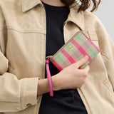 COACH Corner Zip Wristlet With Plaid Print Pink Multi CBP18