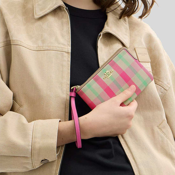 COACH Corner Zip Wristlet With Plaid Print Pink Multi CBP18