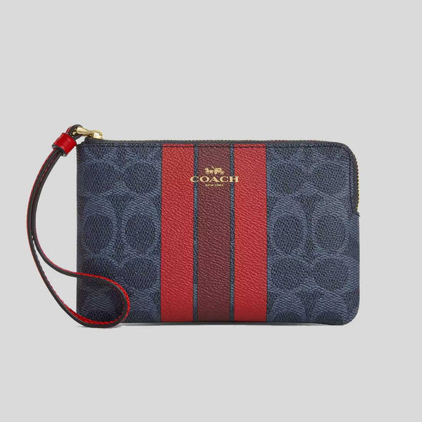 COACH Corner Zip Wristlet In Signature Canvas With Varsity Stripe Denim/Bold Red CBP19