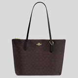 COACH Zip Top Tote Bag In Signature Canvas Walnut/Black CBT20