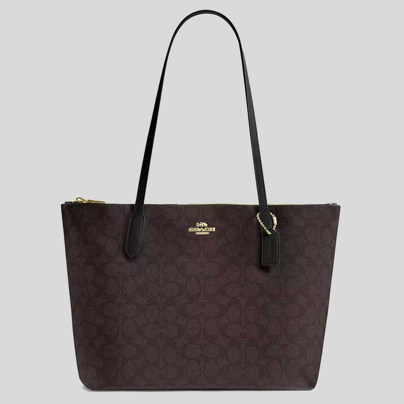 COACH Zip Top Tote Bag In Signature Canvas Walnut/Black CBT20