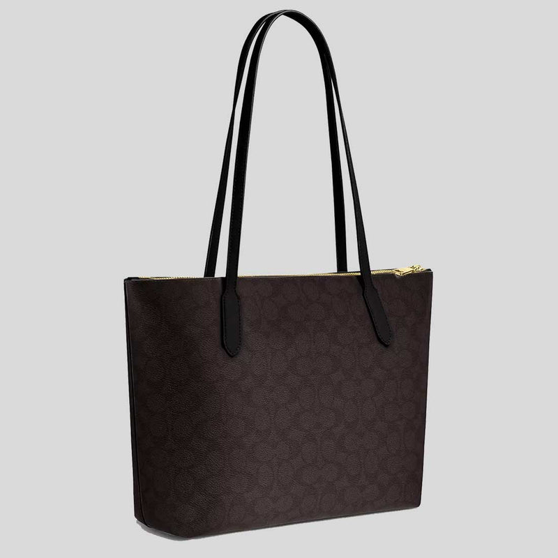 COACH Zip Top Tote Bag In Signature Canvas Walnut/Black CBT20