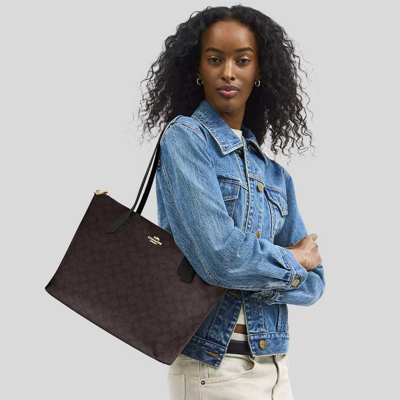 COACH Zip Top Tote Bag In Signature Canvas Walnut/Black CBT20