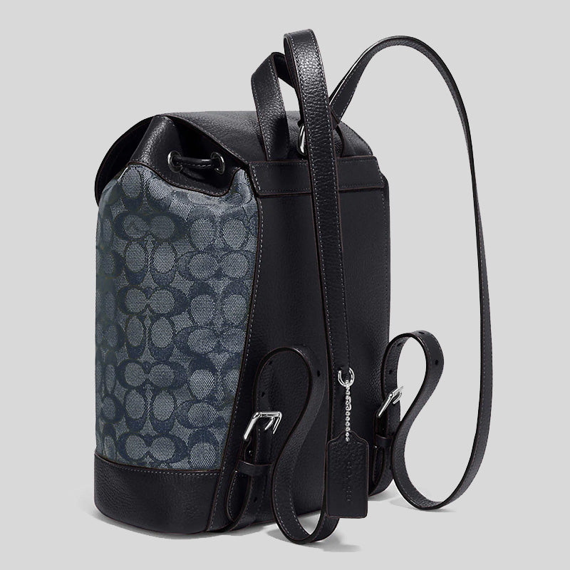 COACH Dempsey Drawstring Backpack In Signature Jacquard With Stripe And Coach Patch Denim Navy Multi CE601