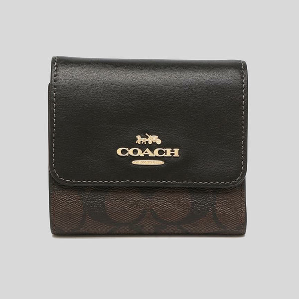 Coach Small Trifold Wallet In Blocked Signature Canvas Brown Black CE930