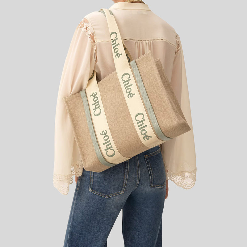 CHLOE Woody Medium Tote Bag Bluish Green CHC23AS383L1738T