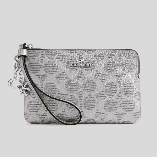COACH Boxed Corner Zip Wristlet In Signature Canvas With Charms Gray/Silver CCK93