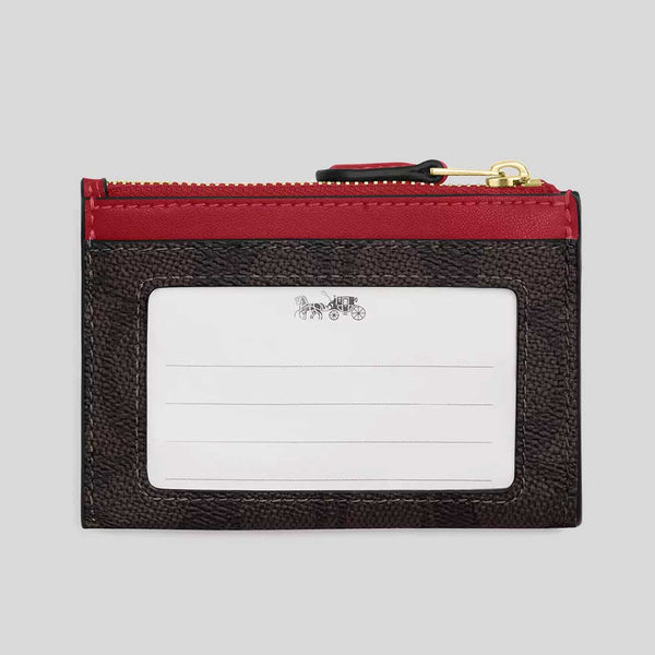 COACH Mini Skinny ID Case In Signature Canvas Walnut/True Red CW870