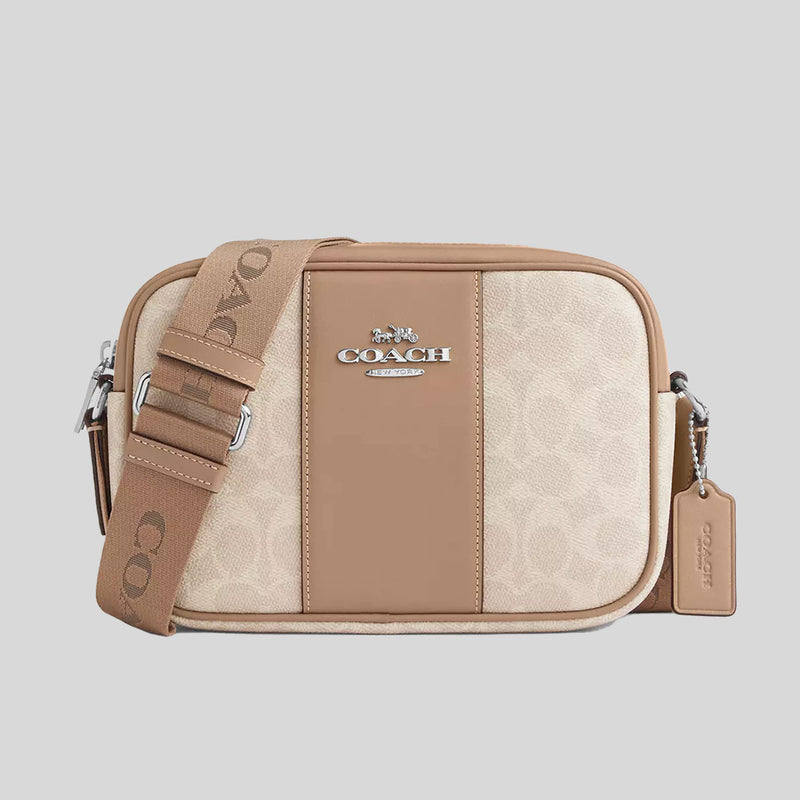 COACH Jamie Camera Bag In Signature Canvas With Stripe Sand/Taupe CZ185