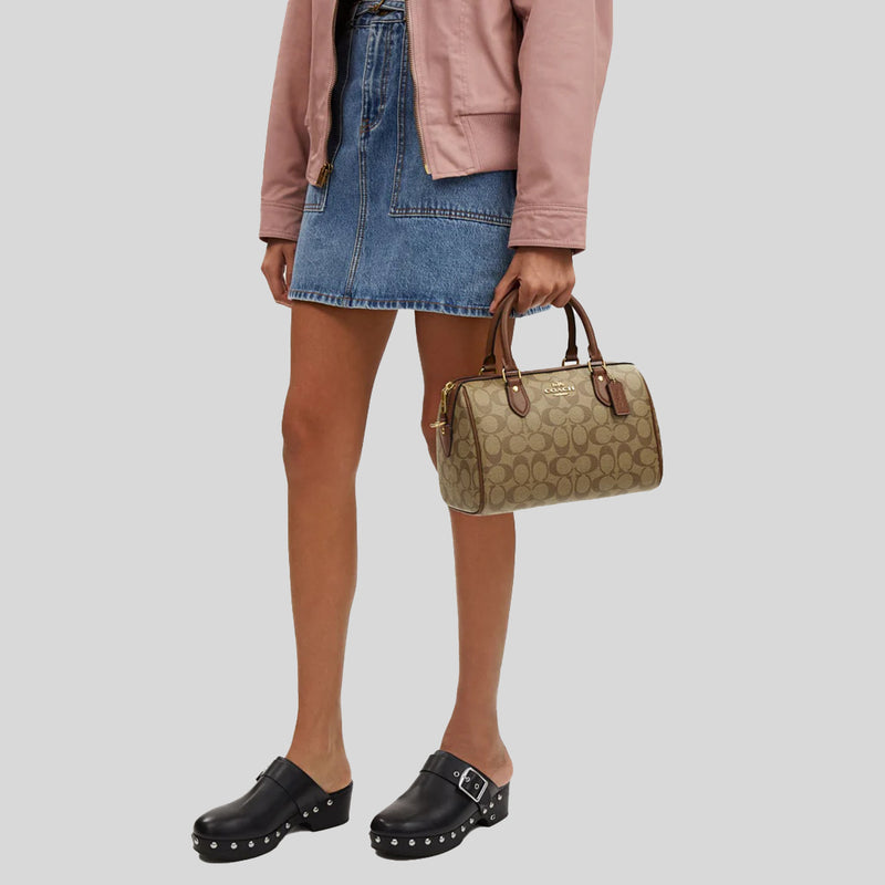 COACH Rowan Satchel Bag In Signature Canvas Khaki/Saddle CS188