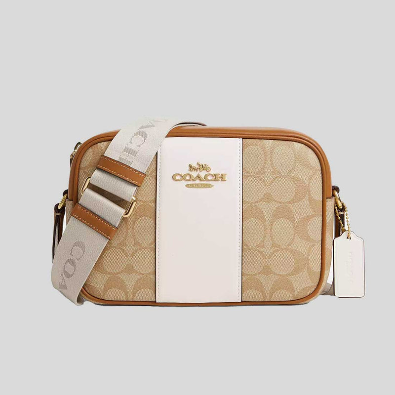 COACH Jamie Camera Bag In Signature Canvas With Stripe Light Khaki/Chalk Saddle CT255