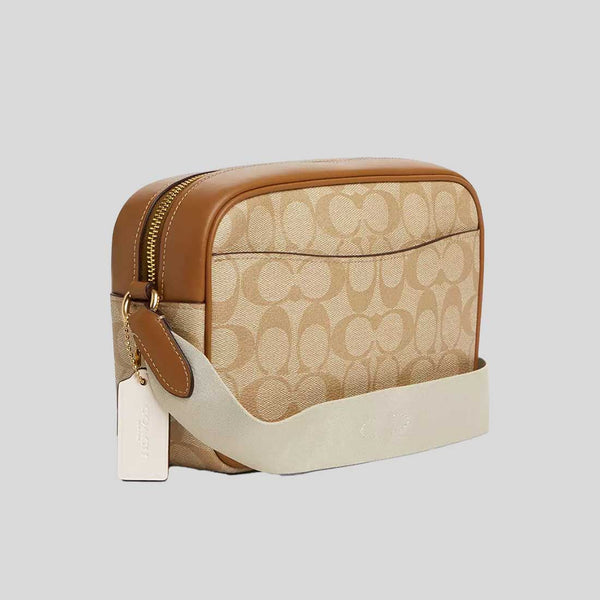 COACH Jamie Camera Bag In Signature Canvas With Stripe Light Khaki/Chalk Saddle CT255
