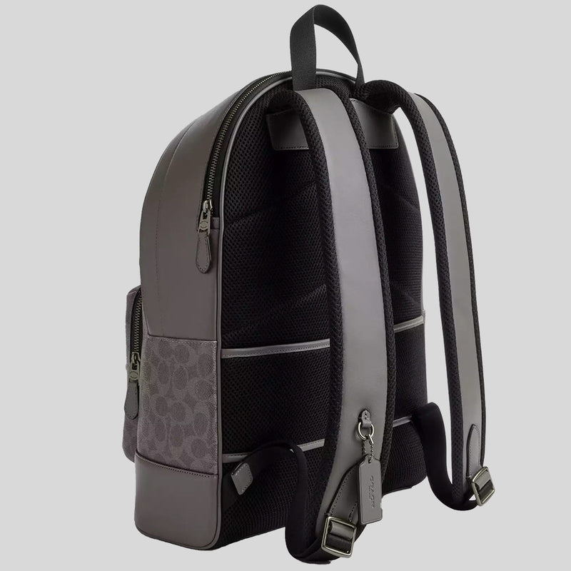 COACH West Backpack In Signature Canvas With Varsity Stripe Grey/Ochre/Chalk CV922