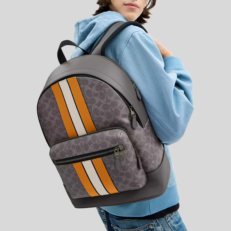 COACH West Backpack In Signature Canvas With Varsity Stripe Grey/Ochre/Chalk CV922