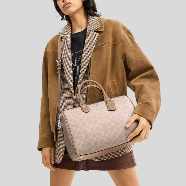 COACH Rowan Large Satchel Bag In Signature Canvas Sand/Taupe CV959