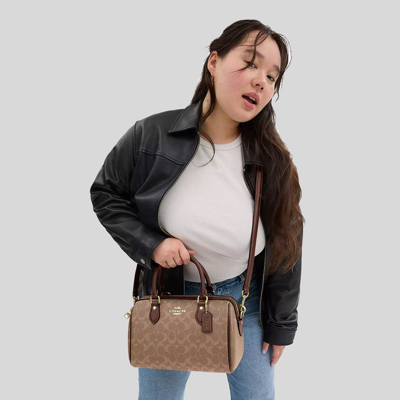 COACH Rowan Satchel Bag In Signature Canvas Tan/Brown CV961