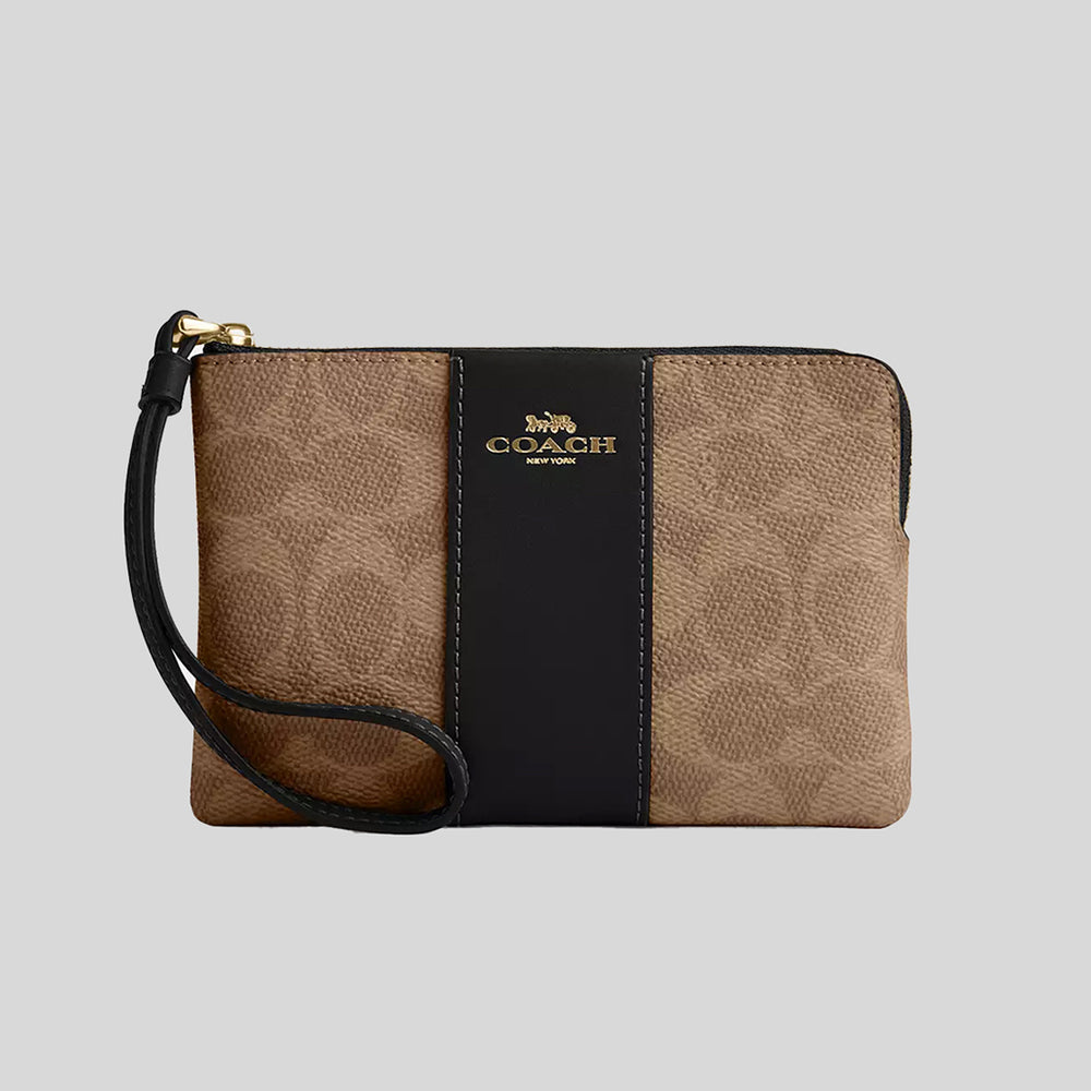 COACH Corner Zip Wristlet In Signature Canvas With Stripe Tan/Black CW