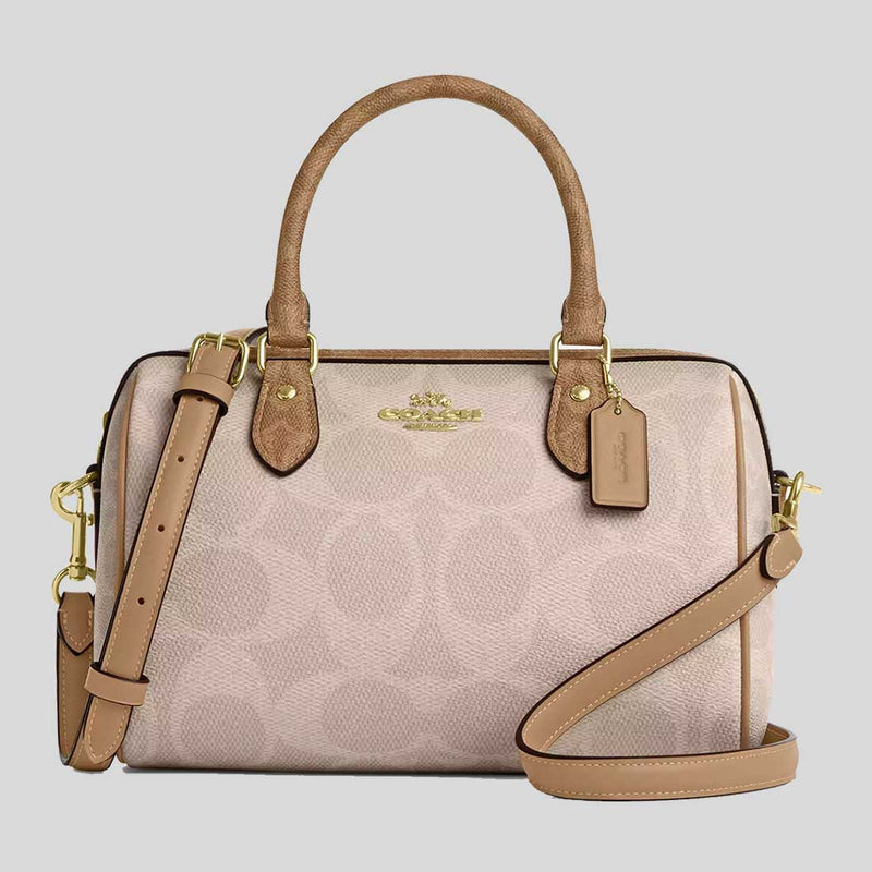 COACH Rowan Satchel Bag In Blocked Signature Canvas Sand/Tan CY679
