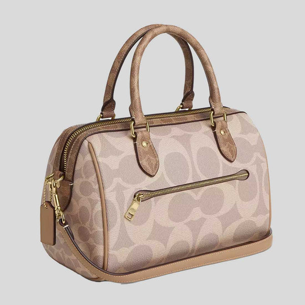 COACH Rowan Satchel Bag In Blocked Signature Canvas Sand/Tan CY679