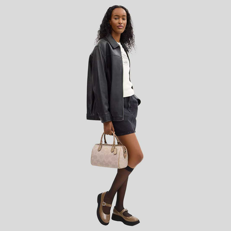 COACH Rowan Satchel Bag In Blocked Signature Canvas Sand/Tan CY679